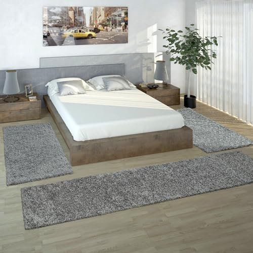 Paco Home Bettumrandung Läufer Shaggy Hochflor Langflor Teppich in Grau Läuferset 3Tlg., Grösse:2mal 70x140 1mal 70x250