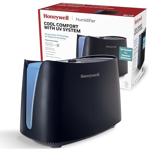 Honeywell Cool Moisture Humidifier For Bedroom, Medium Rooms, 1.1 Gallon, Invisible Moisture Humidifier for Baby, Kids, Quiet, Easy to Clean, UV Technology, Black, HCM350B