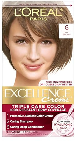L'Oreal Paris Excellence Crème Permanent Hair Dye, Triple Care Hair Color with Hyaluronic Acid for 100% Gray Coverage, 6 Light Brown, 1 Kit (Packaging May Vary)
