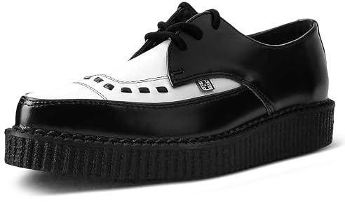 T.U.K. Black & White Leather Pointed Creepers for Men & Women, Low Platform Lace Up Sneakers US 6 Women/4 Men