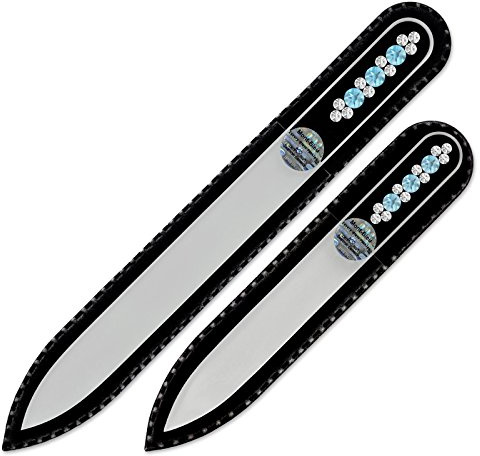 Mont Bleu Set bestehend aus 2 Glasnagelfeilen von Hand dekoriert mit Swarovski Elements - geliefert in einer Hülle aus schwarzem Samt - Echtem gehärteten Glas