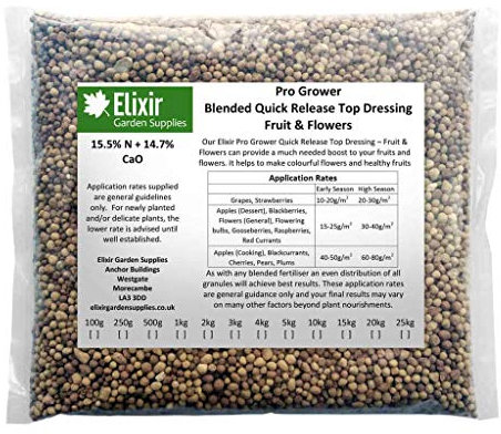 Elixir Gardens | Fruit & Flower Fertiliser | Calcium + Nitrate | Blended Top Dressing & Quick Release | 250g-25kg Available in Bag or Tub | Treats up to 100sqm | 1kg Bag