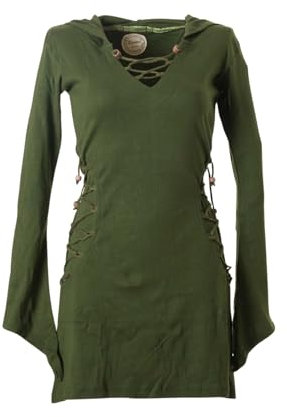 Vishes Elfenkleid mit Zipfelkapuze & Schnürbändern in Olive | Größe S (40) | Handgefertigt aus 100% Baumwolle | Ideal für Herbst & Frühjahr | Nachhaltige Alternative Bekleidung