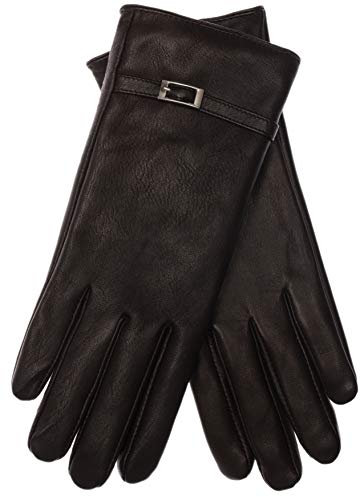 EEM Damen Lederhandschuhe, weiches italienisches Leder, Fleecefutter, Zierriegel, schwarz M