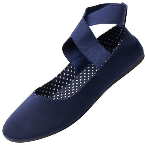 Alpine Swiss Peony Ballet Flats Shoes for Women | Elastic Ankle Strap Flats | Round Closed-Toe Shoes | Slip On Loafers | Padded for Comfort NVY 10