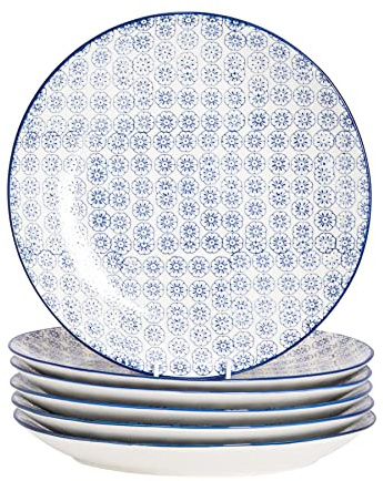 Nicola Spring Hand-Printed Dinner Plates - 25.5cm - Navy - Pack of 6 - Porcelain Decorative Patterned Dining Dish Plates for Snacks, Starters, Dinner, Dessert