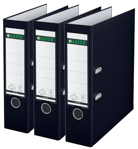 Leitz Qualitäts-Ordner 180° Plastik, 3er Pack, das Original, A4 Aktenordner 8 cm breit, 90% Recycling-Karton, 30% Pre-Consumer Recycling-Kunststoff, 180° Mechanik, 600 Blatt, Schwarz, 310335095