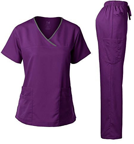 Dagacci Medical Uniform® Scrubs for Women Set – Natural Stretch Contrast Binding Top and Pants Sets for Women – 9 Pockets (X-Large, Eggplant)