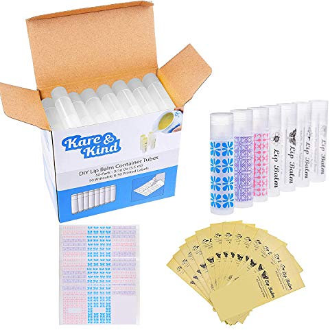 Lip Balm Container Tubes - DIY - 3/16 Oz (5.5 ml) - Including 50 Writeable & 50 Printed Stickers - Twist Mechanism and a Cap - Empty - Make Natural Lip Balm