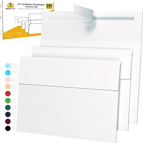 200 Pack 5x7 White Invitation Envelopes - For 5x7 Cards - A7 - (5 ¼ x 7 ¼ inches) - Perfect for Weddings, Graduation, Baby Shower - 120 GSM - Peel, Press & Self Seal - Square Flap