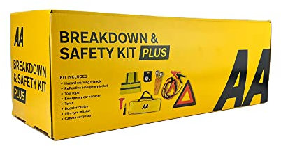 AA Vehicle Breakdown Safety Kit Plus AA5618 – Tyre Inflator, Warning Triangle, Tow Rope, Hi-Vis Vest, Torch, Glass Hammer, Booster Cables, Storage Bag