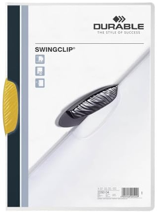 Durable Klemm-Mappe Swingclip aus PP, bis zu 30 Blatt A4, gelb, 25er Packung, 226004 | Seitlich schwenkbare Kunststoffklemme, bis zu 30 Blatt A4, für Angebote, Berichte & Schulungsunterlagen