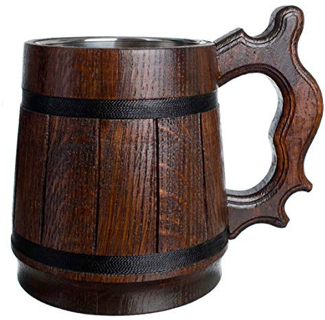 Jarra de cerveza hecha a mano de madera natural y acero inoxidable para hombre, regalo ecológico, recuerdo retro, color marrón
