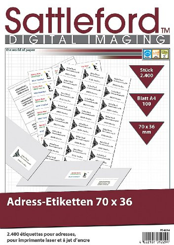 Sattleford Adressaufkleber: 2400 Adress-Etiketten 70x36 mm Universal für Laser/Inkjet (Klebepapier, Etiketten Papier für Drucker, Kleber)