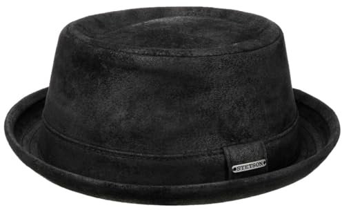 Stetson Pennsylvania Pigskin Leder Porkpie Hut Herren Gefütterter Pork Pie Fedora Used-Look Robuster Herrenhut Sommer Winter schwarz M (56-57 cm)