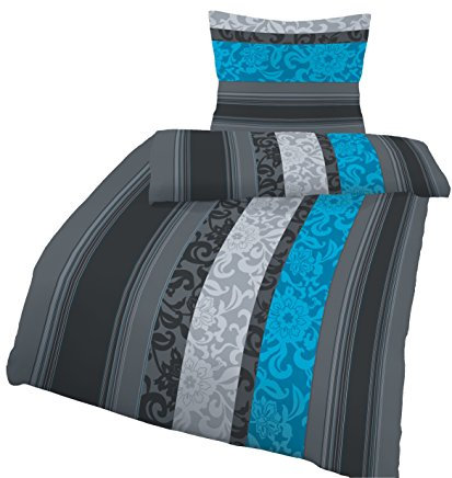 Fine 2-Piece Flannelette Bed Linen Set - 155 x 220 cm and 80 x 80 cm -Made in Germany - Soft Flannel Charcoal Grey/Petrol/Flowers