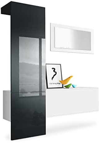 Vladon Garderobe Carlton Set 4, Made in Germany, Garderobenset bestehend aus 1 Garderobenpaneel, 1 Schrankmodul und 1 Wandspiegel, Weiß matt/Schwarz Hochglanz (156 x 193 x 35 cm)