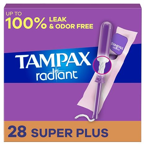 Tampax Radiant Tampons with LeakGuard Braid, Super Plus Absorbency, Unscented, 28 Count (Packaging May Vary)