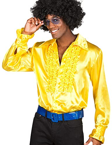 Boland - Chemise disco à volants, jaune, pour homme, costume, chemise de soirée, 70s, fête à thème, carnaval