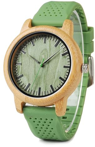 BOBO BIRD Mens Womens 44mm Big Neutral Bamboo Wooden Watch Unisex Japan Analog Quartz Green Silicone Strap Sports Casual Watches with Wood Box
