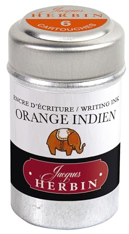 Jacques Herbin 20157T - Dose mit 6 Tintenpatronen Standard-Format, für Füllfederhalter und Tintenroller geeignet, ideal für Kalligraphie, Korrespondenz und Lettering, indische Orange, 1 Stück