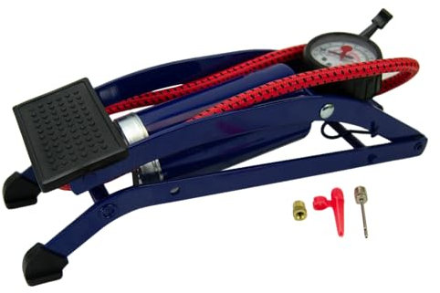 Sakura Single Cylinder Foot Pump PG270 – 52cm Hose, Thumb Lock Connector, Pressure Gauge, 3 Valve Adaptors