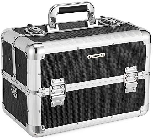 SONGMICS Kosmetikkoffer schminkkoffer XXL groß für Gepäck, Alu multikoffer etagenkoffer mit Tragegurt 36,5 x 21 x 25,7 cm, Schwarz JBC228