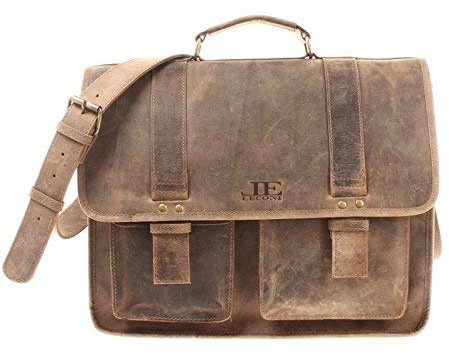 LECONI große Aktentasche Retro Look Collegetasche Unisex DIN A4 Arbeitstasche Damen & Herren Lehrertasche echtes Büffel-Leder Bürotasche Schultasche 39x30x12cm braun LE3030-vin