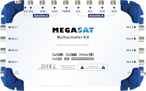 Megasat Multischalter 9/8 – 2 Satelliten / 8 Teilnehmer | Verteilung von Satellitensignalen an mehrere Receiver