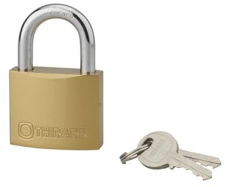 Lucchetto tipo 1 con manico, 50 mm, per uso interno, doppio blocco a perni, corpo in ottone e 2 chiavi in acciaio, manico Ø9 mm, Htr 24 mm, larghezza utile 25 mm, acciaio cementato nichelato, THIRARD