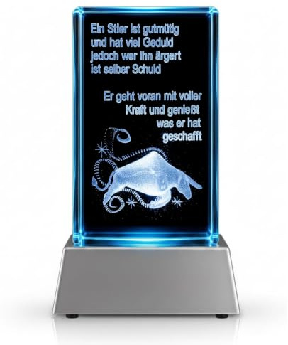 Kaltner Präsente Stier Sternzeichen Kristall Glasblock mit Spruch – 3D Laser Gravur LED Nachtlicht Geschenk Dekoration
