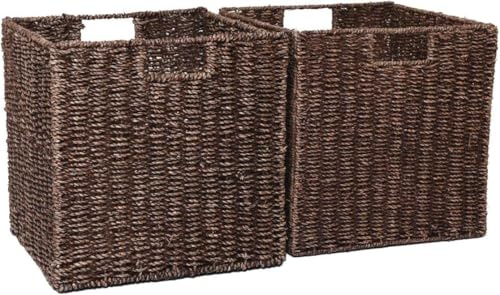 VIVANNO 2x Regalkorb Schrankkorb Seegras passend für Ikea Kallax - Braun | Faltkorb Set aus Naturmaterial mit Griffen, stabiler Drahtrahmen, 33x33x33 cm Aufbewahrungsbox für Expedit Regale
