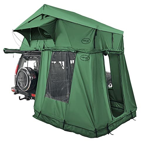 Prime Tech | Extended L Autodachzelt mit Vorzelt | Softshell-Dachzelt mit Bodenplane & Teleskopleiter | 240x140 cm Liegefläche | Komfort-Zelt für Camping, Vanlife & Overlanding | Grün