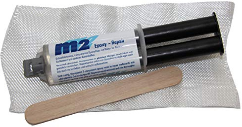 m2 Epoxy Repair schnellhärtend transparent Epoxydharz mit Härter & Glasfasermatte Holzspachtel - Set zur Reparatur von Surfbrett Board Longboard Wakeboard Shortboard Bodyboard Standup GFK Jolle