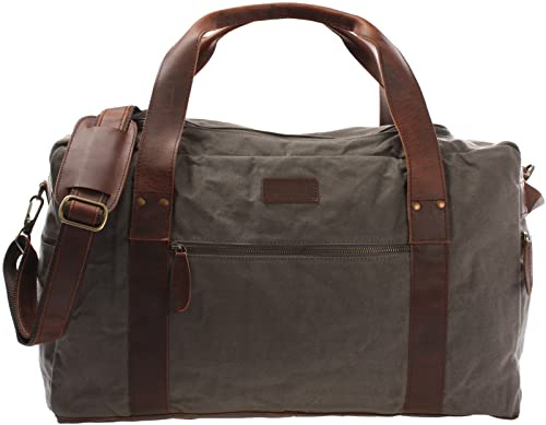 LECONI Reisetasche für Damen + Herren Canvas Handgepäck Leder Sporttasche Unisex groß Weekender für Reise, Urlaub und Kurztrip Wochenendtasche 55x30x21cm grau LE2014-C