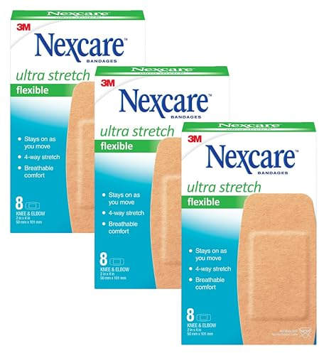 Nexcare Soft 'n Flex Bandages, 2 x 4 Flexible Fabric, Knee & Elbow Size, 8 Count per Box (Pack of 3, 24 Bandages Total)