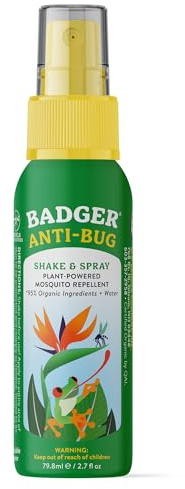 Badger Bug Spray Travel Size, Family Friendly All Natural Mosquito Repellent w/Organic Essential Oils, Smells Great, 3 Hours Effective, Deet-Free, Vegan, Travel Insect Repellent, 2.7 fl oz