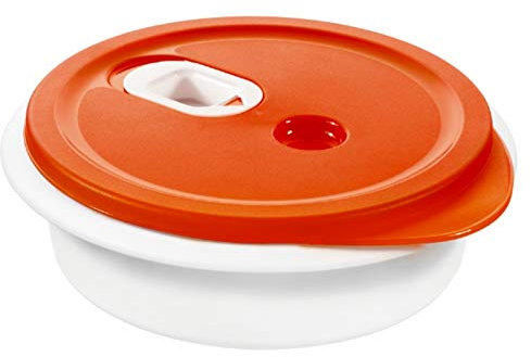 Rotho Micro Clever Mikrowellengeschirr 1l mit Deckel und Ventil, Kunststoff (PP) BPA-frei, rot/weiss, 1l (20.0 x 20.0 x 6.5 cm)