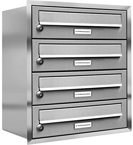 AL Briefkastensysteme, 4er Unterputzbriefkasten, Briefkasten rostfrei, 4 Fach Briefkastenanlage modern, Edelstahl Postkasten