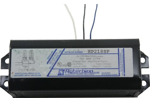 ROBERTSON 3P10095 HP218SP AM Fluorescent mBallast for 2 CFQ18W/G24d or CFTR18W/GX24d CFL Lamps, Preheat Start, 120Vac, 60Hz, Normal Ballast Factor, HPF with Bottom Leads and Studs v4