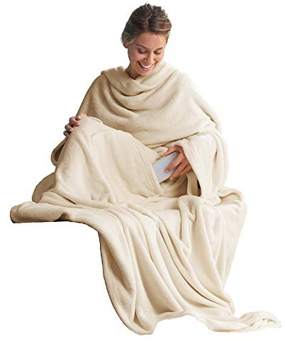 CelinaTex - Manta de TV con mangas y bolsillo para los pies, manta suave, 150 x 180 cm, color crema blanca, microfibra polar suave Oeko-TEX