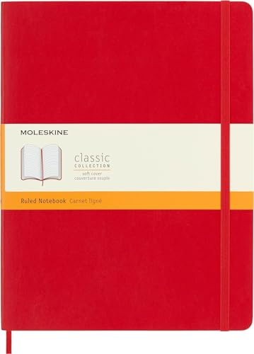 Moleskine Classic Ruled Paper Notebook, Soft Cover and Elastic Closure Journal, Color Scarlet Red, Size Extra Large 19 x 25 A4, 192 Pages