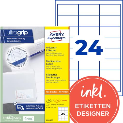 AVERY Zweckform 3658-200 Adressaufkleber (4.800 plus 480 Klebeetiketten extra, 64,6x33,8mm auf A4, bedruckbare Absenderetiketten, selbstklebende Adressetiketten mit ultragrip) 220 , weiß