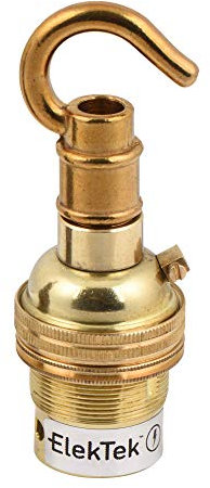 ElekTek Unswitched Lamp Holder B22 BC Bayonet Cap & Shade Ring with Solid Cast Brass Hook for Ceiling, Bracket or Chain Suspension - Made in UK - Brass