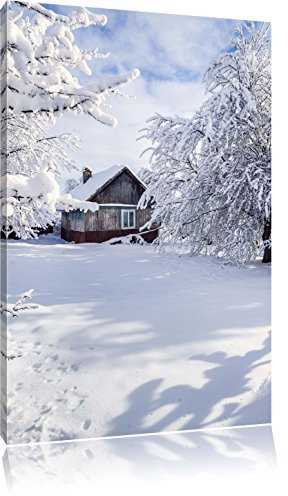 Pixxprint Winterlandschaft mit Hütte, Größe: 100x70cm, Leinwandbild, fertig gespannt, Wandbild, Dekoration, Kunstdruck, kein Poster