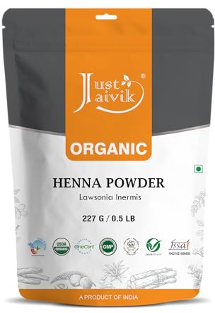 Just Jaivik Henna Powder (Lawsonia Inermis) for Hair - 100% Natural, USDA Certified Organic by OneCert Asia, No Chemicals or Additives, 227 Gms / 0.5 LB/ 8 Oz