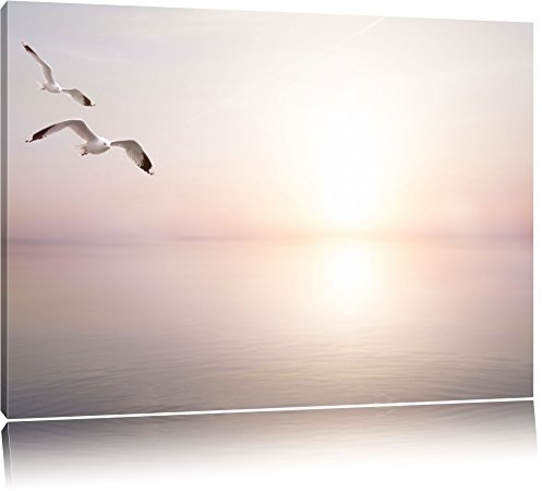 Pixxprint Möwen am Meer bei Sonnenaufgang, Größe: 80x60cm, Leinwandbild, fertig gespannt, Wandbild, Dekoration, Kunstdruck, kein Poster