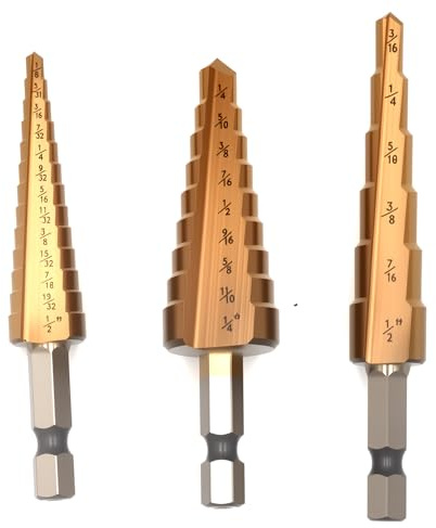 Step Drill Bit Set for Metal and Wood, 3PCS Titanium Coated High Speed Steel Unibit, Multiple Hole Stepped Up Cone Drill Bit with Hex Shank for DIY and Professional Use