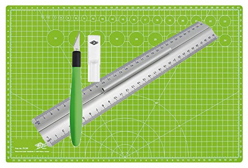 Wedo Pro Cutting Set | Lineal aus Aluminium 30 cm mit Griff für Rechts- und Linkshänder mit rutschsicherer Gummieinlage im Set mit Cutter Skalpell Comfortline mit Softgriff inklusive 5 Ersatzklingen und Schutzkappe und selbst schließender Schneidunterlage