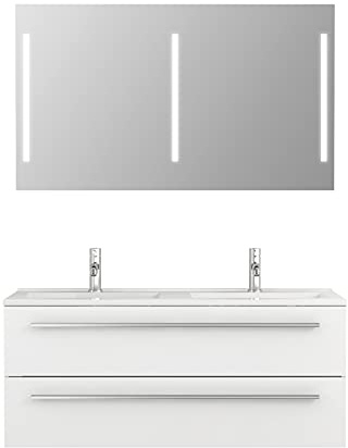Sieper I Doppelwaschtisch mit Unterschrank 120 x 50 cm und Spiegel mit Beleuchtung, Badmöbel Set Libato I Weiß